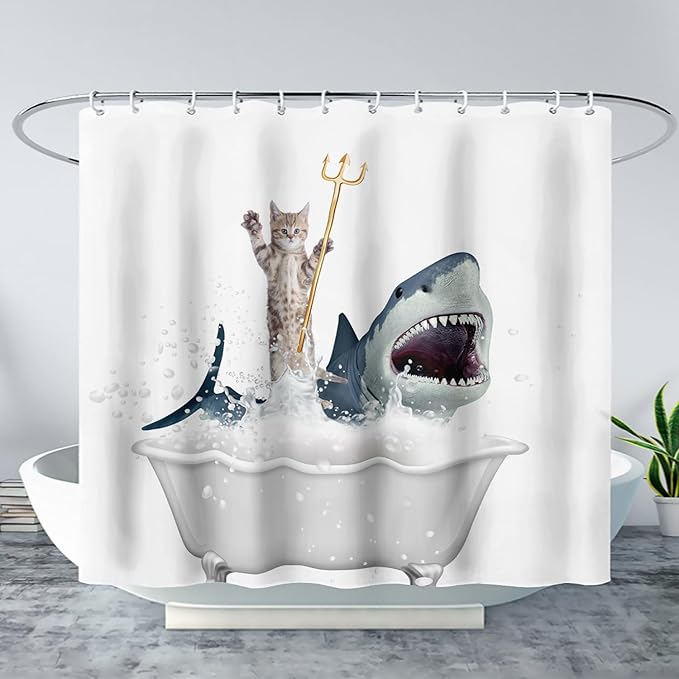 AILONEN 3D Bathtub Shark Shower Curtain for Kids 180 * 240 Inch,Cat Riding Shark in a Bathtub Shower Curtain,12 Pack Hooks Polyester Waterproof Fabric Decor for Bathroom Bathtub Panels