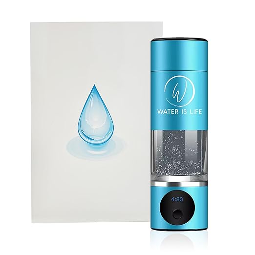 WATER IS LIFE Premium Waterproof Hydrogen Water Ionizer Bottle with LED Light, Magnetic Charging Port, 6000 ppb Hydrogen Content, SPE Electrolysis Technology, Bottom Vent to Discharge Gases (Blue)
