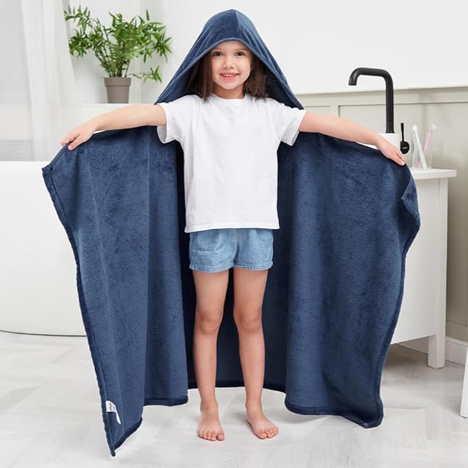 Hiturbo 2Pcs Kids Fleece Hooded Towel: Soft Plush Warm Blanket - 50"x30" Pool Beach Bath Swim Towel Wrap for 3-12 Yrs (Navy)