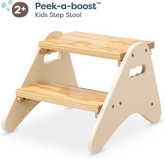 B. toys- B. spaces- Step Stool for Kids – Ivory & Wood Stepping Stool for The Bedroom, Bathroom, Kitchen – Furniture for Toddlers – Peek-A-Boost – 2 Years +