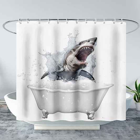 AILONEN 3D Bathtub Shark Shower Curtain for Kids 180 * 180 Inch,Fierce Shark in a Bathtub Shower Curtain,12 Pack Hooks Polyester Waterproof Fabric Decor for Bathroom Bathtub Panels