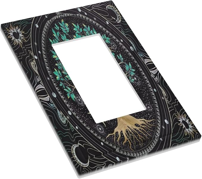 Tree of Life Blackground 1 Gang Rocker Light Switch Plate Hippie Sun Moon Star Single Decora Outlet Wall Plate Cover Faceplate Decorative Switchplate GFCI for Bathroom Bedroom Living Room Decorate