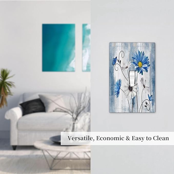 Rustic Teal Blue Daisy Floral 1 Gang Light Switch Covers Single Toggle Wall Plate Decorative Switchcover Electrical Switchplate for Country Bathroom Bedroom Kitchen Decor
