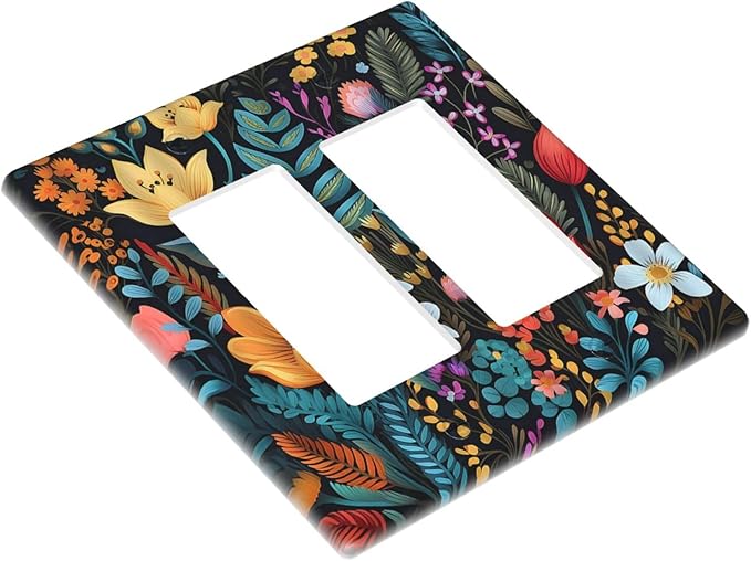 Boho Floral Vintage Flower Leaves Rustic Wildflower Plants 2 Gang Rocker Decora Light Switch Covers Dual Outlet Covers Wall Plate Decorative Switchplate Electrical Faceplate GFCI for Country Bedroom