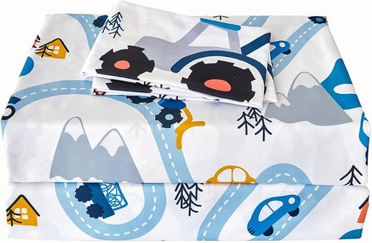 RYNGHIPY Kids Full Bed Sheets: Cars Print Sheets Set for Boys - Breathable Wrinkle Free Microfiber Flat Sheet Fitted Sheet and Pillowcases (White,Full)