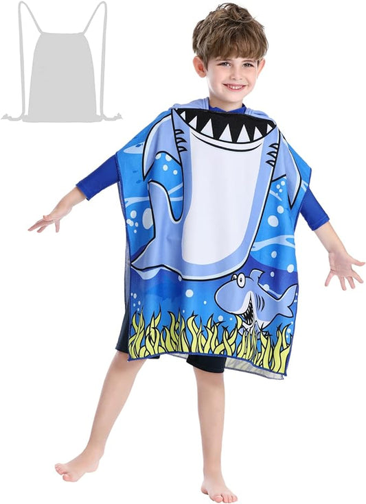 Soft Hooded Beach Towel for Kids, Toddlers Bath/Pool/Swim Poncho Cover-ups Swimwear (BLUE SHARK)