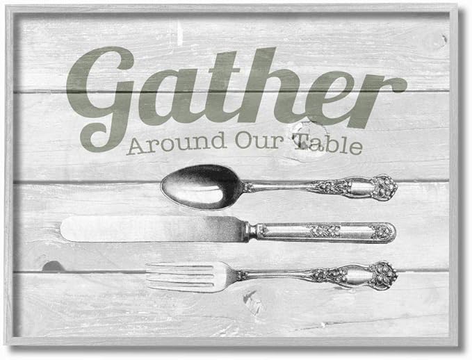 Stupell Industries Gather Silverware Kitchen Wood Texture Word, Design by The Saturday Evening Post Wall Art, 11x14, Grey Framed