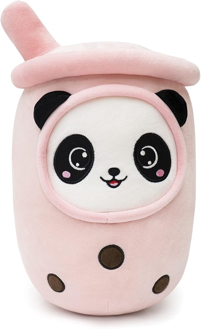 Niuniu Daddy Boba Plushies with Panda Face-13.7inches Large Pink Cream Bubble Tea with Straw Stuffed Animals-Soft Kawaii Milk Tea Cup Plush Toy Pillow for Kids-Machine Washable