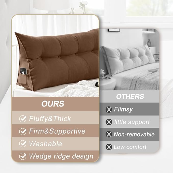 Large Triangular Headboard Pillows Long Backrest Positioning Support Bolster Cushion for Daybed Fluffy Quality Plush Body Wedge Pillow with Removable Cover(Dark brown-King-76x8x20in)