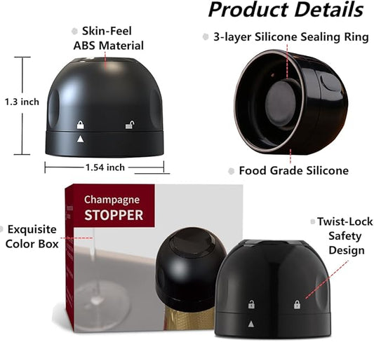 Champagne Bottle Stopper, Reusable Leakproof Champagne Sealer, Champagne Stopper for Wine Prosecco Champagne Sparkling, Black