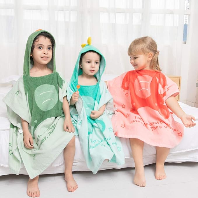 TONWHAR Kids Bath/Pool/Beach Hooded Poncho Towel-Cartoon Animal Pattern Cotton Beach Towel for Baby and Kids (Pink Dinosaur, 5-9 Years/Height:43.3"-51.2")