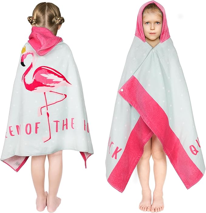 Toddler Bath Towel Hooded - Cotton Kids Beach Towel 30"x50" for Ages 3 to 10, Soft Terry Poncho Towel as Pool Swim Cover Ups for Girls Boys (Flamingo Aqua)
