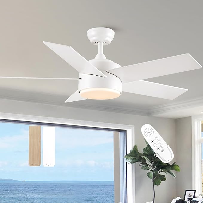 44 inch White Ceiling Fan with Lights and Remote Control, Dimmable Ceiling Fans with Lights,3-Color, Quiet Reversible 6-Speed, Wood Modern Ceiling Fan for Bedroom, Living Room, Dining Room