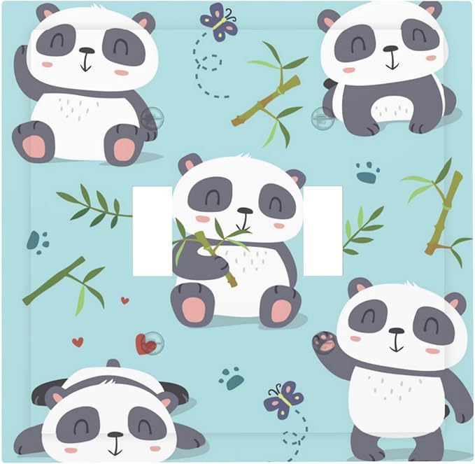 Cartoon Cute Panda Double Toggle Light Switch Covers 2 Gang Wall Plate Dual Decorative Switchplate Electrical Faceplate for Bathroom Country Kitchen Bedroom Decor, 4.9" x 5"