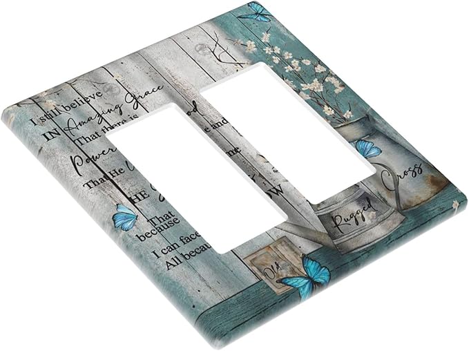 Vintage Teal Butterfly Inspirational Quotes Wood Plank 2 Gang Rocker Decora Light Switch Covers Dual Outlet Covers Wall Plate Decorative Switchplate Electrical Faceplate GFCI for Farmhouse Bedroom