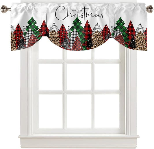 Merry Christmas Blackout Tie Up Valance Curtains for Kitchen Windows Buffalo Plaid Xmas Tree Winter Forest Farmhouse Window Toppers Balloon Shades for Living Room/Bath/Bedroom, 42" X 18", Red Green
