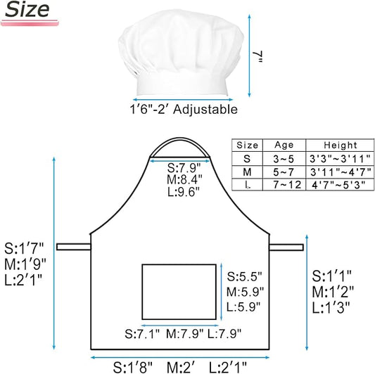 Kids Apron Chef Hat Set for Boys and Girls Adjustable Neck Strap Hook and Loop Fastener Design Waistband for Baking