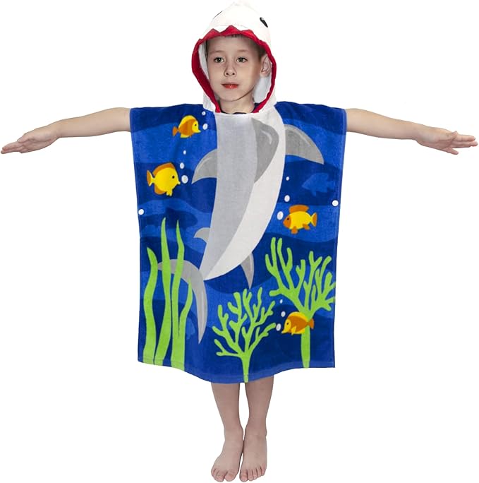 Toddler Bath Towel Hooded - Cotton Kids Beach Towel 20"x20" for Ages 1 to 6, Toddler Towels with Hood Snaps, Soft Terry Poncho Towel as Pool Swim Cover Ups for Girls Boys (Shark Blue)