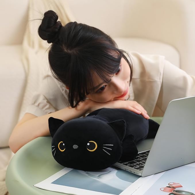 SQEQE Weighted Black Cat Plush, Weighted Black Cat Stuffed Animal for Anxiety, Cute Black Cat Plushies Soft Black Cat Pillow Toy Gift for Kids Adults 23.6 Inch, 3.1 lbs