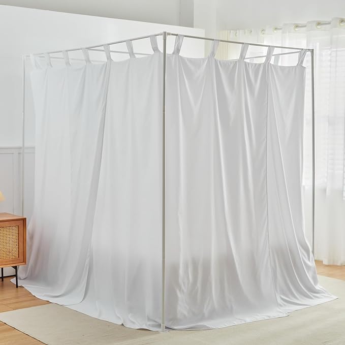 AIKASY White Canopy Bed Curtains with Top Ties and Tie Backs for Bedroom Decoration - King Size Bed Curtains with Windproof and Lightproof Features