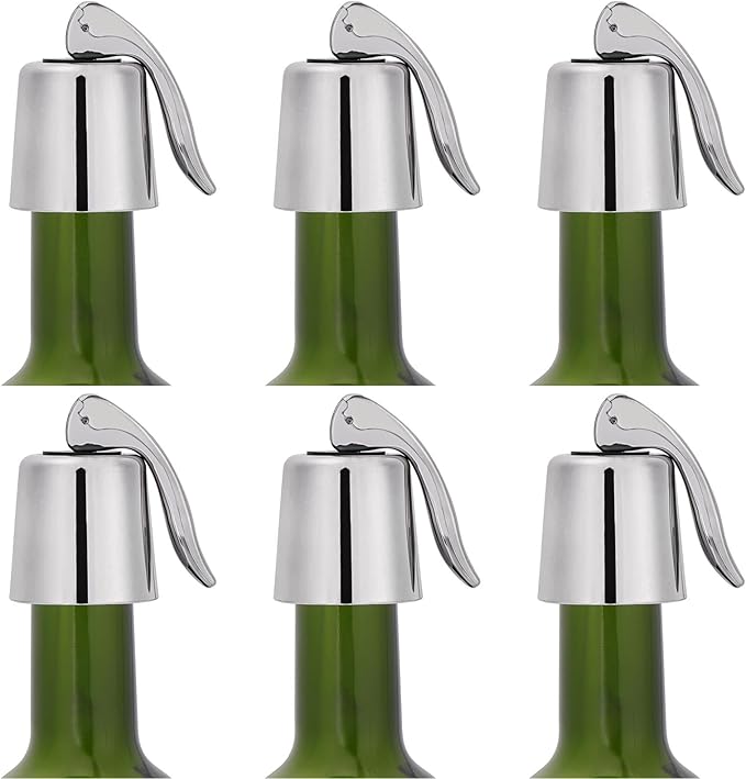 6Pcs Plastic Wine Stoppers, Reusable Wine Bottle Stopper with Silicone Seal, Wine Saver and Decorative Bottle Sealer, Beverage and Wine to Keep Fresh (Silver)