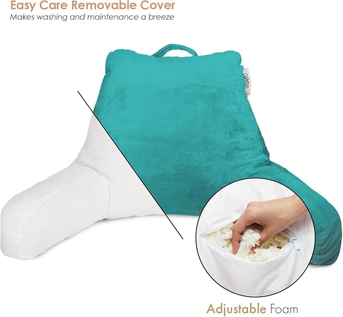 Nestl Reading Pillow Standard Bed Pillow, Back Pillow for Sitting in Bed Shredded Memory Foam Chair Pillow, Reading & Bed Rest Pillows Teal Back Pillow for Bed, Bed Chair Arm Pillow with Pockets