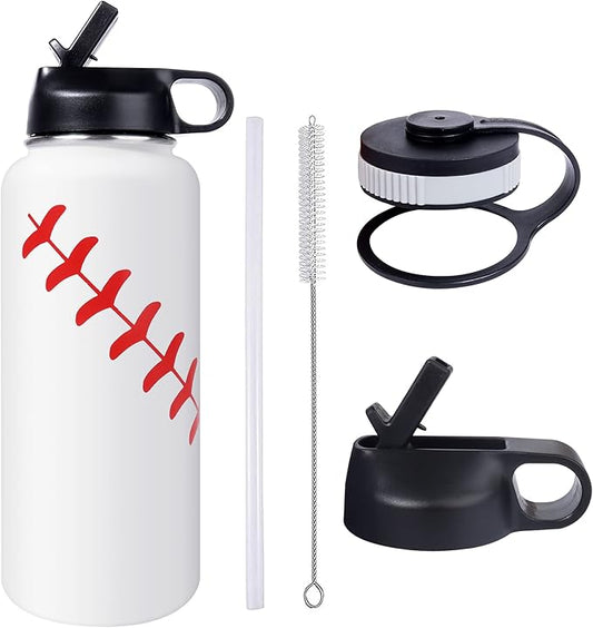 40oz Wide Mouth Baseball Water Bottle with Two Lids(Straw, Handle Lid), 18/8 Stainless Steel Vacuum Insulated for Travel & Sport Cup. (Baseball White, 40oz)