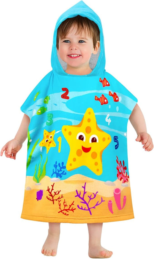 HUANLANG Kids Hooded Beach Towel for Boys Girls,Bath Pool Beach Poncho Towels Super Soft & Absorbent Cotton Towel Childrens Starfish Beach Towels for Toddler 0-7 Years Old