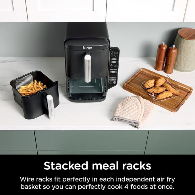 Ninja DoubleStack 2-Basket Air Fryer, DoubleStack Technology Cooks 4 Foods at Once, Space Saving Design, 8 QT, 6-in-1, Smart Finish & Match Cook, Air Fry, Broil, Bake, Easy Meals & Clean, Black, SL201