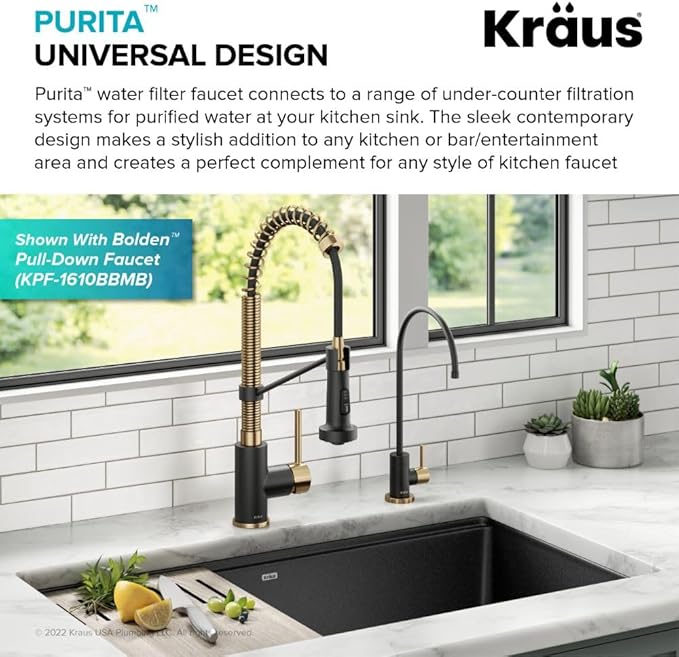 KRAUS Bolden Touchless Sensor Pull-Down Kitchen Faucet Bundle with PuritaTM Single Handle Drinking Water Filter Faucet, Brushed Brass/Matte Black