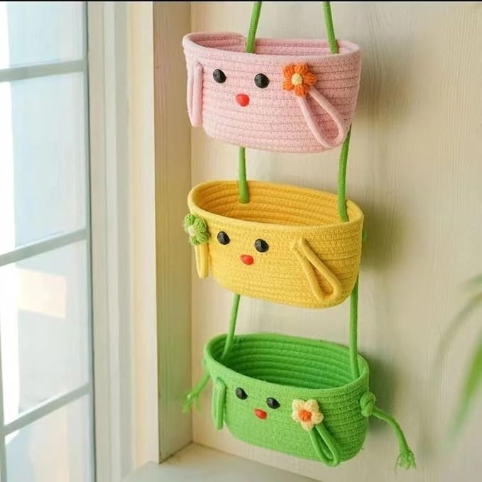 Hanging Baskets for Organizing,Cute 3-Tier Woven Cotton Wall-Mounted Storage Organizer Bag Decorative,Living Room,Bedroom,Nursery Wall Decor