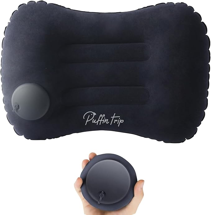 Ultralight Inflatable Travel Pillow Press to Inflate Compressible Ergonomic Neck and Lumbar Support While Camping Driving Sleeping Dark Blue