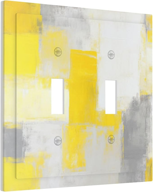 Grey and Yellow Abstract Art Painting Double Toggle Light Switch Covers 2 Gang Wall Plate Dual Decorative Switchplate Electrical Faceplate for Bathroom Country Kitchen Bedroom Decor, 4.9" x 5"