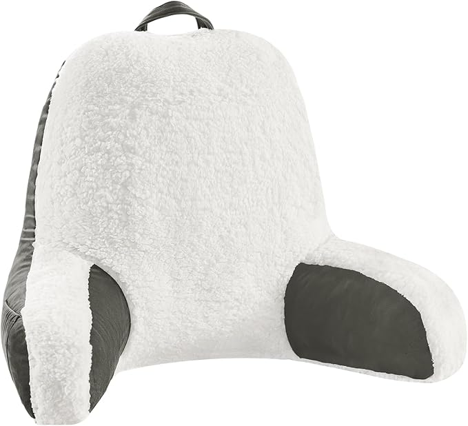 LOVTEX Reading Pillow with Removable Cover, Back Pillow for Sitting Up in Bed with Arms and Pockets, Sherpa Bed Rest Pillow Adult, 20 x 15 Inches(Dark Grey and White)