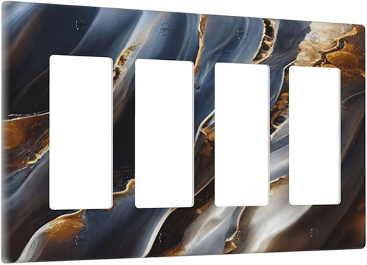 Gradient Abstract Ripple Blue Gold Marble Printed 4 Gang Rocker Decora Light Switch Cover Outlet Covers Wall Plate Decorative Switchplate Electrical Faceplate GFCI for Kitchen Bathroom Bedroom Decor