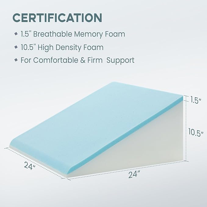 Bed Wedge Pillow, 12" 24" 24" Triangle Pillow Wedge, Cooling Memory Foam Top, Elevated Support Wedge Pillow for Relieving Acid Reflux, Heartburn, Snoring and GERD