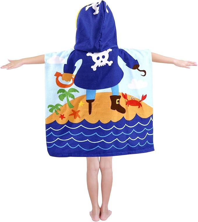 Kids Pirate Hooded Beach Towel Boys Cute Poncho Pool Towels with Hood 24*47" Cool Soft Microfiber Swim Cover-ups for Kids Ages 3-10 Thick Absorbent Cotton Hooded Bath Towels Wrap Bathrobe