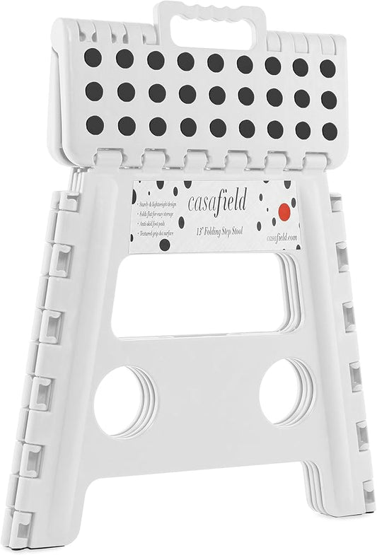 Casafield 13" Folding Step Stool with Handle, White - Portable Collapsible Small Plastic Foot Stool for Adults - Use in The Kitchen, Bathroom and Bedroom