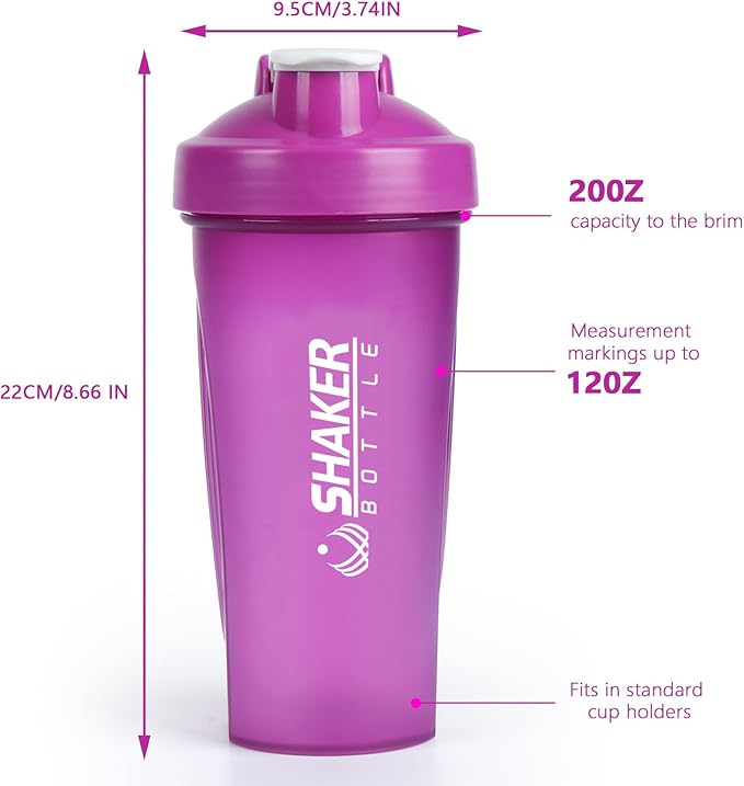 Shaker Bottle, 600ml Classical Protein Shaker Cup with Mixing Ball for Smooth blending, Leak-Proof GYM Workout Water Bottles for protein& Smoothie Shake,Bpa Free (20oz / Purple)