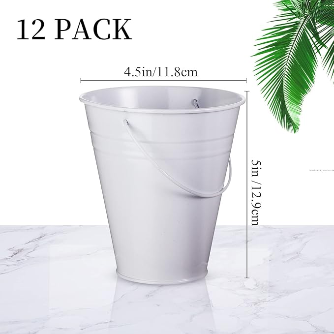 Sadnyy 12 Pack Metal Buckets with Handle, Galvanized Bucket 4.5 x 5 Inch Basket Bucket for Kids, Kids Party Supplies, Crafts for Christmas Halloween Christmas Candy Bars Vase Crafts(White)