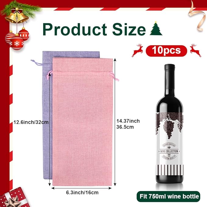 Shintop 10pcs Jute Wine Bags, 14.4 x 5.6 inches Hessian Wine Bottle Gift Bags with Drawstring (5 colors)