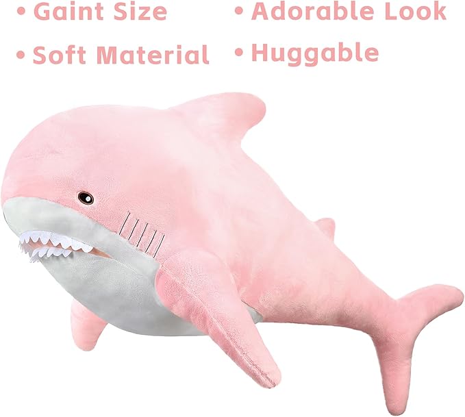 MorisMos Giant Shark Stuffed Animal, Chubby Shark Pillow Baby Shark Plush Toy Cute Stuffed Shark Plush Big Shark Plush Pillow for Kids, Pink, 51in