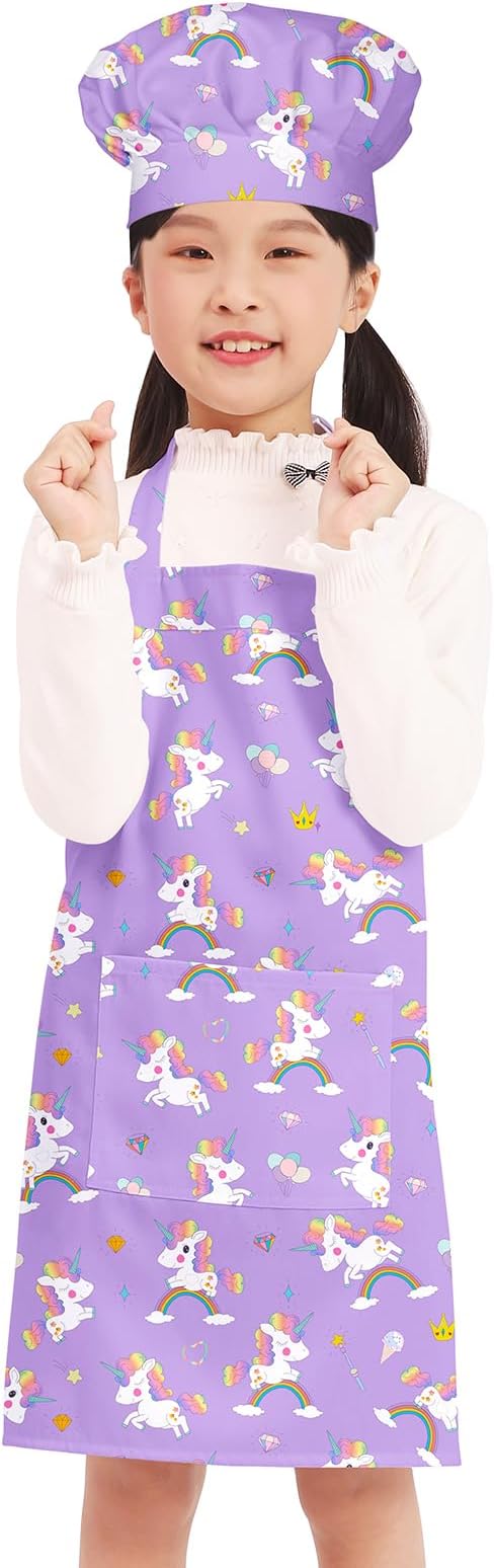 Kids Apron Chef Hat Set for Boys and Girls Adjustable Neck Strap Hook and Loop Fastener Design Waistband for Baking