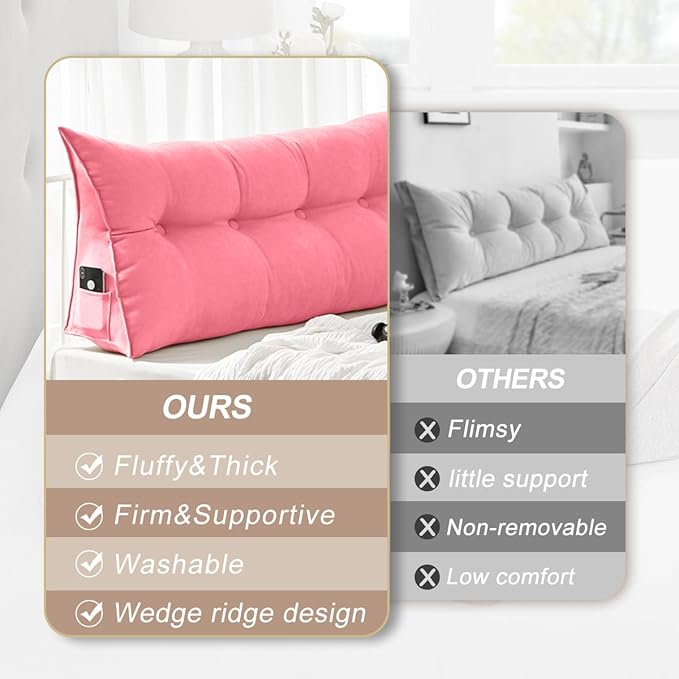 Large Triangular Headboard Pillows Long Backrest Positioning Support Bolster Cushion for Daybed Fluffy Quality Plush Body Wedge Pillow with Removable Cover(Pink -Twin/Twin XL-39x8x20 in)