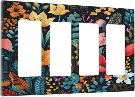 Boho Floral Vintage Flower Leaves Rustic Wildflower Plants 4 Gang Rocker Decora Light Switch Cover Outlet Covers Wall Plate Decorative Switchplate Electrical Faceplate GFCI for Country Bedroom Decor