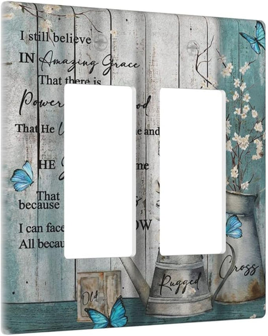 Vintage Teal Butterfly Inspirational Quotes Wood Plank 2 Gang Rocker Decora Light Switch Covers Dual Outlet Covers Wall Plate Decorative Switchplate Electrical Faceplate GFCI for Farmhouse Bedroom