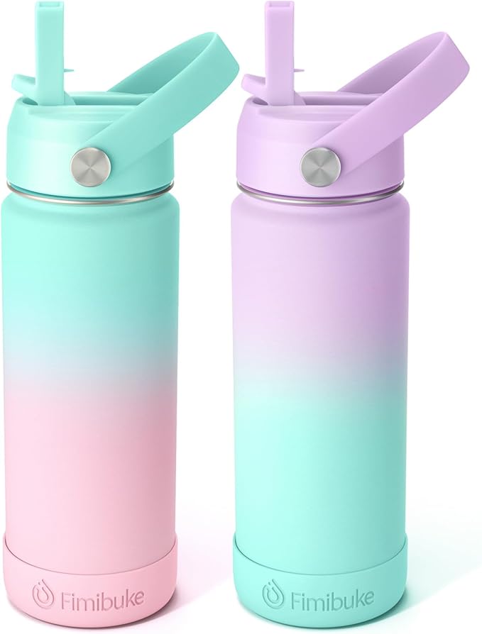Fimibuke Kids Insulated Water Bottle - 18oz BPA-FREE 18/8 Stainless Steel Kid Cup with Straw Travel Tumbler Leak Proof Double Wall Vacuum Toddler Water Bottle for School Boy Girl(2 Pack, Candy/Bubble)