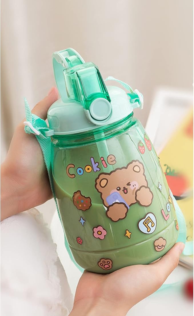 PEXIZUAN Kawaii water bottle big belly cup big water bottle cute travel cup strap straw cup(green,1300ML)