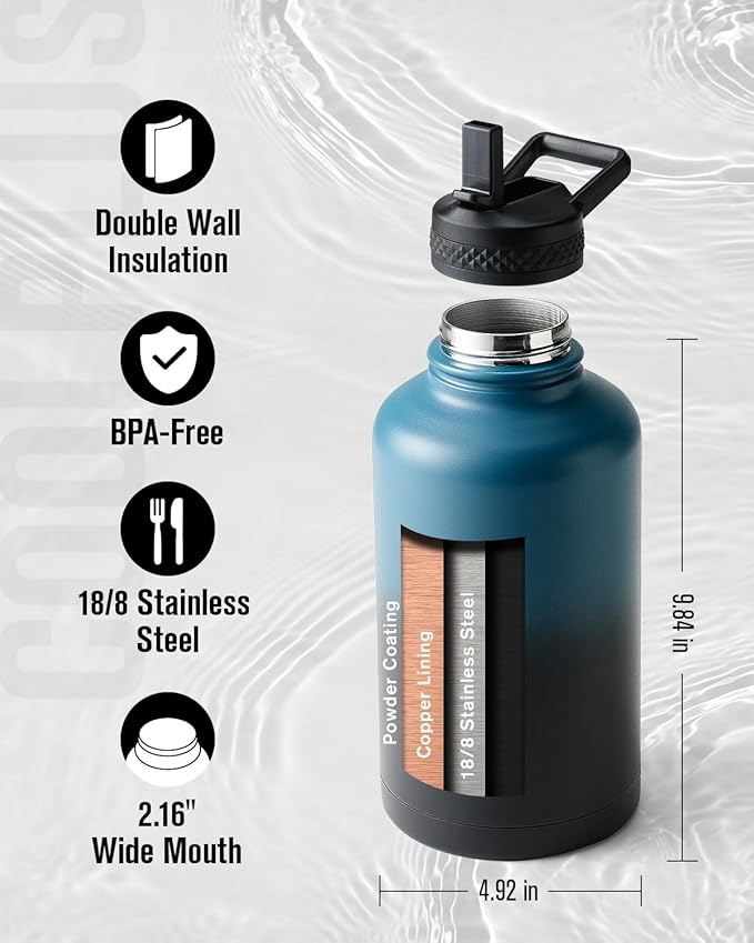 Coolplus 64 oz Water Bottle With Straw Spout Lid, Insulated Half Gallon Water Jug Stainless Steel Double-Walled Vacuum Metal Large Flask With Carry Sleeve, Keep Cold 48 Hrs Hot 24hrs, Blue Black
