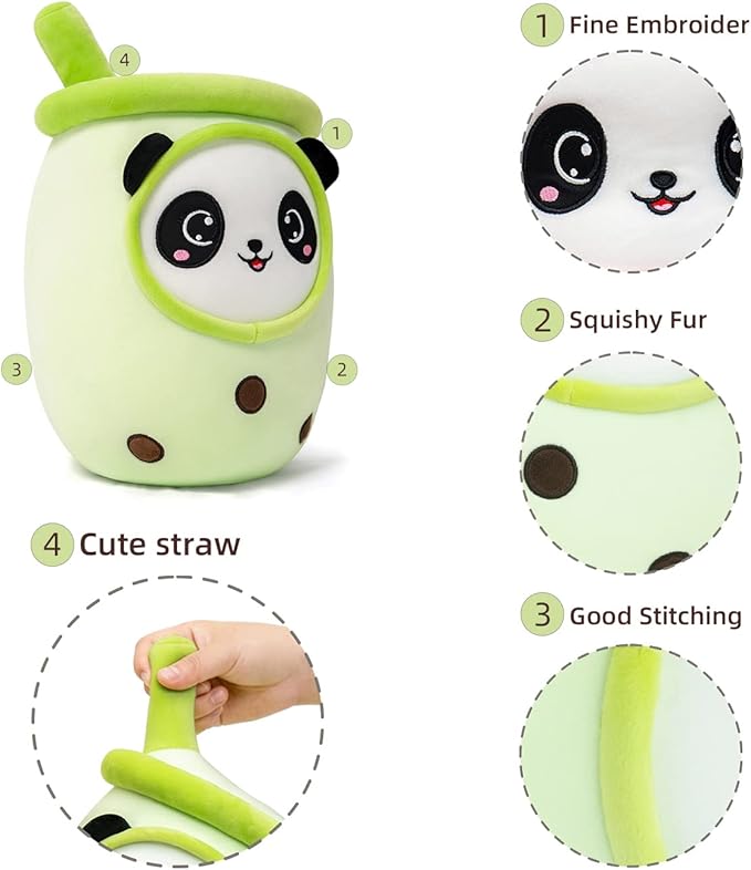 Niuniu Daddy Boba Plushies with Panda Face-13.7inches Large Green Cream Bubble Tea with Straw Stuffed Animals-Soft Kawaii Milk Tea Cup Plush Toy Pillow for Kids-Machine Washable